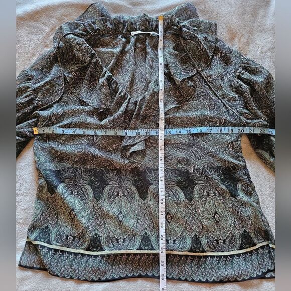 Alice + Olivia Sheer Dark Green And Black Paisley Long Sleeve Ruffle Top Small - Picture 8 of 9